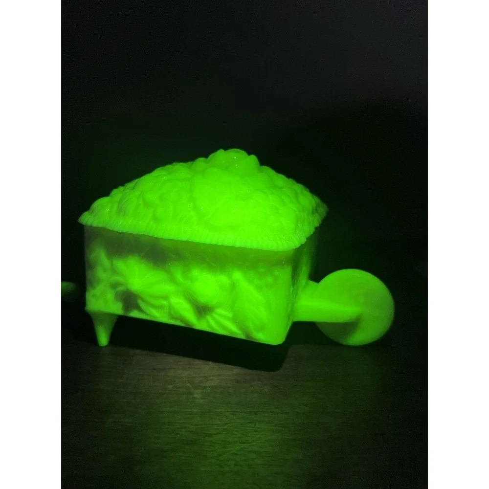 As Is-clean Break-chipped Lid-uranium Glass Custard Glow Wheelbarrow Candy Dish